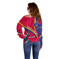 Andorra Off Shoulder Sweater with Mountain Goat and Curved Stripe Design - Wonder Print Shop