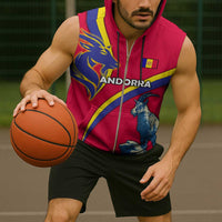 Andorra Sleeveless Zip Hoodie with Mountain Goat and Curved Stripe Design - Wonder Print Shop