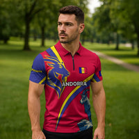 Andorra Zipper Polo Shirt with Mountain Goat and Curved Stripe Design - Wonder Print Shop