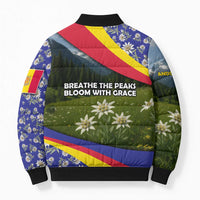 Andorra Bomber Puffer Jacket with Edelweiss Mountain Landscape Design - Wonder Print Shop