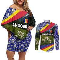 Andorra Couples Matching Off Shoulder Short Dress and Long Sleeve Button Shirt with Edelweiss Mountain Landscape Design - Wonder Print Shop