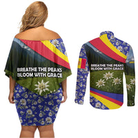 Andorra Couples Matching Off Shoulder Short Dress and Long Sleeve Button Shirt with Edelweiss Mountain Landscape Design - Wonder Print Shop