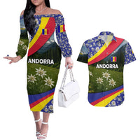 Andorra Couples Matching Off The Shoulder Long Sleeve Dress and Hawaiian Shirt with Edelweiss Mountain Landscape Design - Wonder Print Shop