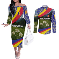 Andorra Couples Matching Off The Shoulder Long Sleeve Dress and Long Sleeve Button Shirt with Edelweiss Mountain Landscape Design - Wonder Print Shop