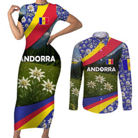Andorra Couples Matching Short Sleeve Bodycon Dress and Long Sleeve Button Shirt with Edelweiss Mountain Landscape Design - Wonder Print Shop