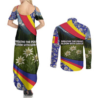 Andorra Couples Matching Summer Maxi Dress and Long Sleeve Button Shirt with Edelweiss Mountain Landscape Design - Wonder Print Shop