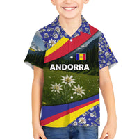 Andorra Family Matching Off The Shoulder Long Sleeve Dress and Hawaiian Shirt with Edelweiss Mountain Landscape Design - Wonder Print Shop