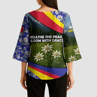 Andorra Kimono Sleeve Blouse with Edelweiss Mountain Landscape Design - Wonder Print Shop