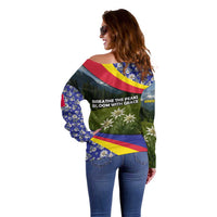 Andorra Off Shoulder Sweater with Edelweiss Mountain Landscape Design - Wonder Print Shop