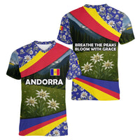 Andorra Women V-Neck T-Shirt with Edelweiss Mountain Landscape Design - Wonder Print Shop