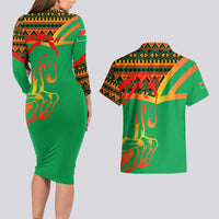 Burkina Faso Couples Matching Long Sleeve Bodycon Dress and Hawaiian Shirt with Green Tribal Pattern Design and National Flag Motif - Wonder Print Shop