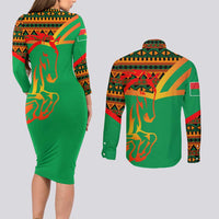 Burkina Faso Couples Matching Long Sleeve Bodycon Dress and Long Sleeve Button Shirt with Green Tribal Pattern Design and National Flag Motif - Wonder Print Shop