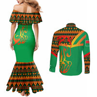 Burkina Faso Couples Matching Mermaid Dress and Long Sleeve Button Shirt with Green Tribal Pattern Design and National Flag Motif - Wonder Print Shop