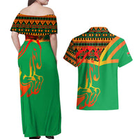 Burkina Faso Couples Matching Off Shoulder Maxi Dress and Hawaiian Shirt with Green Tribal Pattern Design and National Flag Motif - Wonder Print Shop