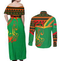 Burkina Faso Couples Matching Off Shoulder Maxi Dress and Long Sleeve Button Shirt with Green Tribal Pattern Design and National Flag Motif - Wonder Print Shop