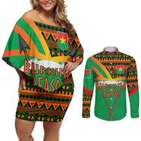 Burkina Faso Couples Matching Off Shoulder Short Dress and Long Sleeve Button Shirt with Green Tribal Pattern Design and National Flag Motif - Wonder Print Shop