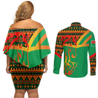 Burkina Faso Couples Matching Off Shoulder Short Dress and Long Sleeve Button Shirt with Green Tribal Pattern Design and National Flag Motif - Wonder Print Shop
