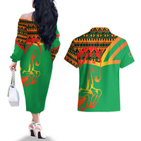 Burkina Faso Couples Matching Off The Shoulder Long Sleeve Dress and Hawaiian Shirt with Green Tribal Pattern Design and National Flag Motif - Wonder Print Shop