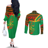 Burkina Faso Couples Matching Off The Shoulder Long Sleeve Dress and Long Sleeve Button Shirt with Green Tribal Pattern Design and National Flag Motif - Wonder Print Shop