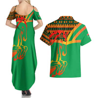 Burkina Faso Couples Matching Summer Maxi Dress and Hawaiian Shirt with Green Tribal Pattern Design and National Flag Motif - Wonder Print Shop