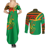 Burkina Faso Couples Matching Summer Maxi Dress and Long Sleeve Button Shirt with Green Tribal Pattern Design and National Flag Motif - Wonder Print Shop
