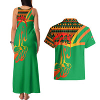 Burkina Faso Couples Matching Tank Maxi Dress and Hawaiian Shirt with Green Tribal Pattern Design and National Flag Motif - Wonder Print Shop
