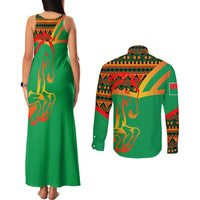 Burkina Faso Couples Matching Tank Maxi Dress and Long Sleeve Button Shirt with Green Tribal Pattern Design and National Flag Motif - Wonder Print Shop