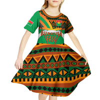 Burkina Faso Kid Short Sleeve Dress with Green Tribal Pattern Design and National Flag Motif - Wonder Print Shop