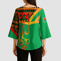Burkina Faso Kimono Sleeve Blouse with Green Tribal Pattern Design and National Flag Motif - Wonder Print Shop