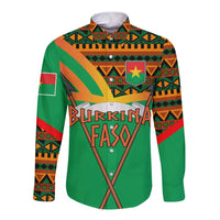 Burkina Faso Long Sleeve Button Shirt with Green Tribal Pattern Design and National Flag Motif - Wonder Print Shop