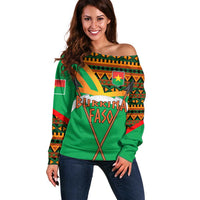 Burkina Faso Off Shoulder Sweater with Green Tribal Pattern Design and National Flag Motif - Wonder Print Shop