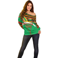 Burkina Faso Off Shoulder Sweater with Green Tribal Pattern Design and National Flag Motif - Wonder Print Shop