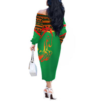 Burkina Faso Off The Shoulder Long Sleeve Dress with Green Tribal Pattern Design and National Flag Motif - Wonder Print Shop