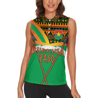 Burkina Faso Women Sleeveless Polo Shirt with Green Tribal Pattern Design and National Flag Motif - Wonder Print Shop
