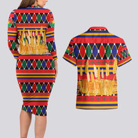 Burkina Faso Couples Matching Long Sleeve Bodycon Dress and Hawaiian Shirt with Red Green Blue Geometric - Wonder Print Shop