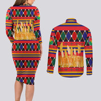 Burkina Faso Couples Matching Long Sleeve Bodycon Dress and Long Sleeve Button Shirt with Red Green Blue Geometric - Wonder Print Shop