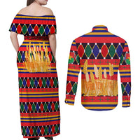 Burkina Faso Couples Matching Off Shoulder Maxi Dress and Long Sleeve Button Shirt with Red Green Blue Geometric - Wonder Print Shop