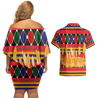 Burkina Faso Couples Matching Off Shoulder Short Dress and Hawaiian Shirt with Red Green Blue Geometric - Wonder Print Shop