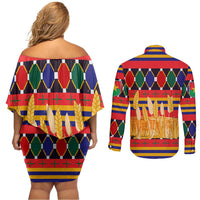 Burkina Faso Couples Matching Off Shoulder Short Dress and Long Sleeve Button Shirt with Red Green Blue Geometric - Wonder Print Shop