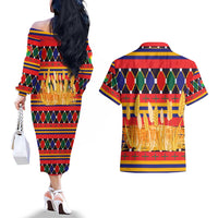 Burkina Faso Couples Matching Off The Shoulder Long Sleeve Dress and Hawaiian Shirt with Red Green Blue Geometric - Wonder Print Shop