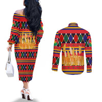 Burkina Faso Couples Matching Off The Shoulder Long Sleeve Dress and Long Sleeve Button Shirt with Red Green Blue Geometric - Wonder Print Shop
