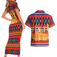 Burkina Faso Couples Matching Short Sleeve Bodycon Dress and Hawaiian Shirt with Red Green Blue Geometric - Wonder Print Shop