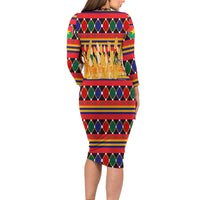 Burkina Faso Long Sleeve Bodycon Dress with Red Green Blue Geometric - Wonder Print Shop
