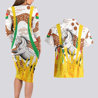 Burkina Faso Couples Matching Long Sleeve Bodycon Dress and Hawaiian Shirt with Brown White Yellow Abstract Design - Wonder Print Shop