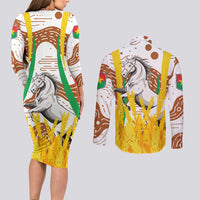 Burkina Faso Couples Matching Long Sleeve Bodycon Dress and Long Sleeve Button Shirt with Brown White Yellow Abstract Design - Wonder Print Shop