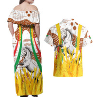 Burkina Faso Couples Matching Off Shoulder Maxi Dress and Hawaiian Shirt with Brown White Yellow Abstract Design - Wonder Print Shop