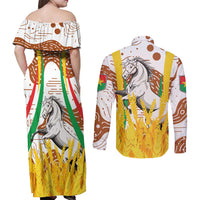 Burkina Faso Couples Matching Off Shoulder Maxi Dress and Long Sleeve Button Shirt with Brown White Yellow Abstract Design - Wonder Print Shop