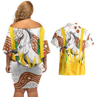 Burkina Faso Couples Matching Off Shoulder Short Dress and Hawaiian Shirt with Brown White Yellow Abstract Design - Wonder Print Shop