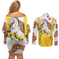Burkina Faso Couples Matching Off Shoulder Short Dress and Long Sleeve Button Shirt with Brown White Yellow Abstract Design - Wonder Print Shop