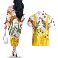 Burkina Faso Couples Matching Off The Shoulder Long Sleeve Dress and Hawaiian Shirt with Brown White Yellow Abstract Design - Wonder Print Shop
